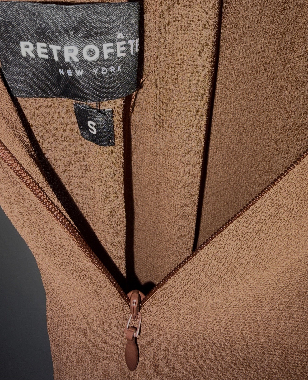 Retrofête $1298 DEENA CHIFFON DRESS Brown Silk Long Dress Backless Size Small