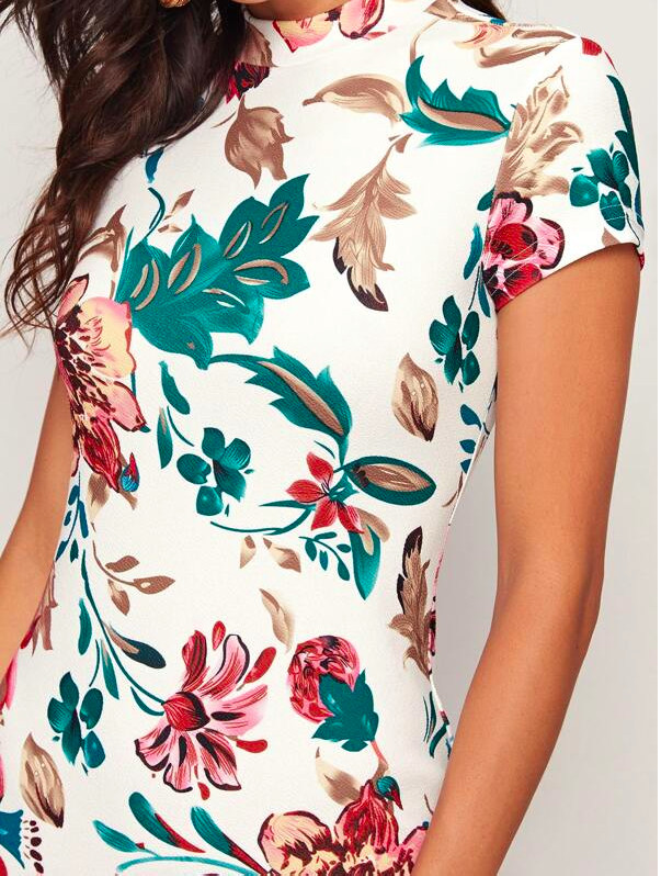 Multicolor Mock-Neck Botanical Print Summer Bodycon Pencil Dress Sz XS S M L XL