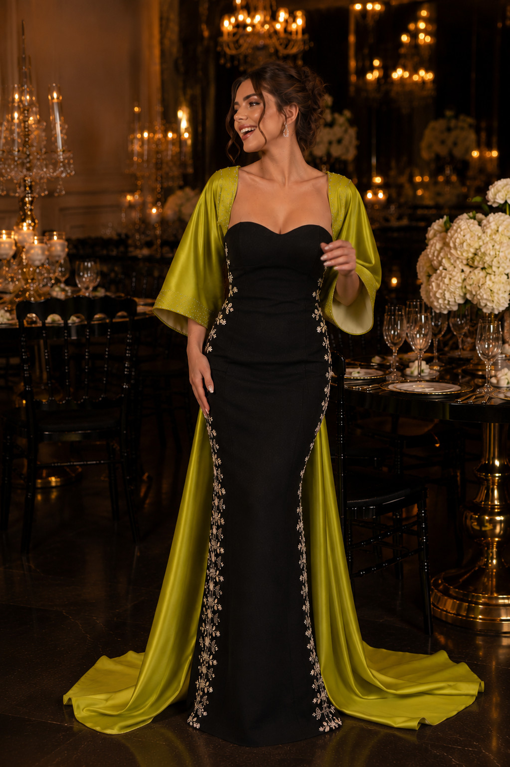 Black Mermaid Evening Dress with Lime Green Satin Cape Quality Gold Embroidery