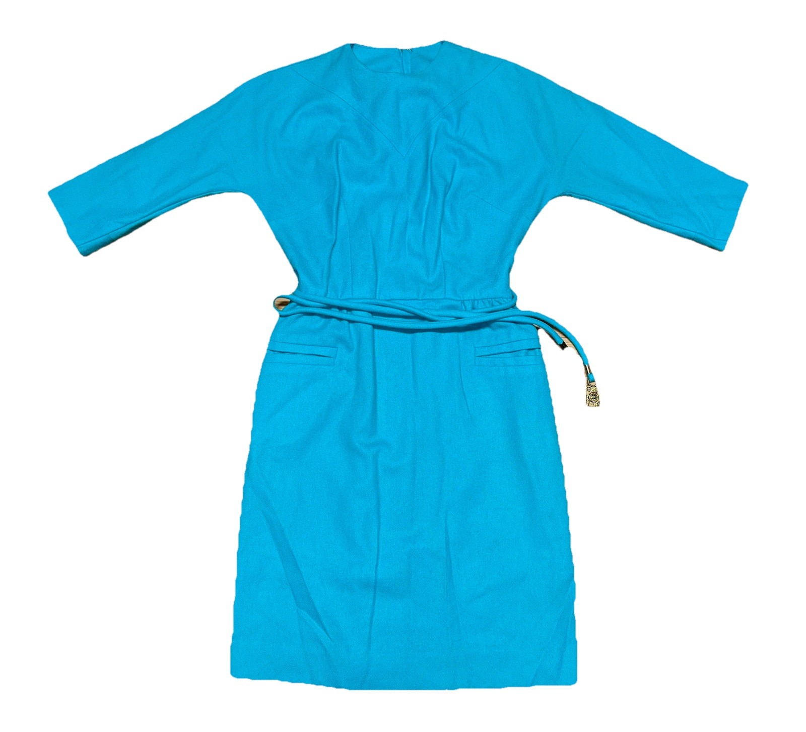 VTG 50s 60s Mod Wool Blue Dress Belted 1960s Turquoise Union Made Sz S