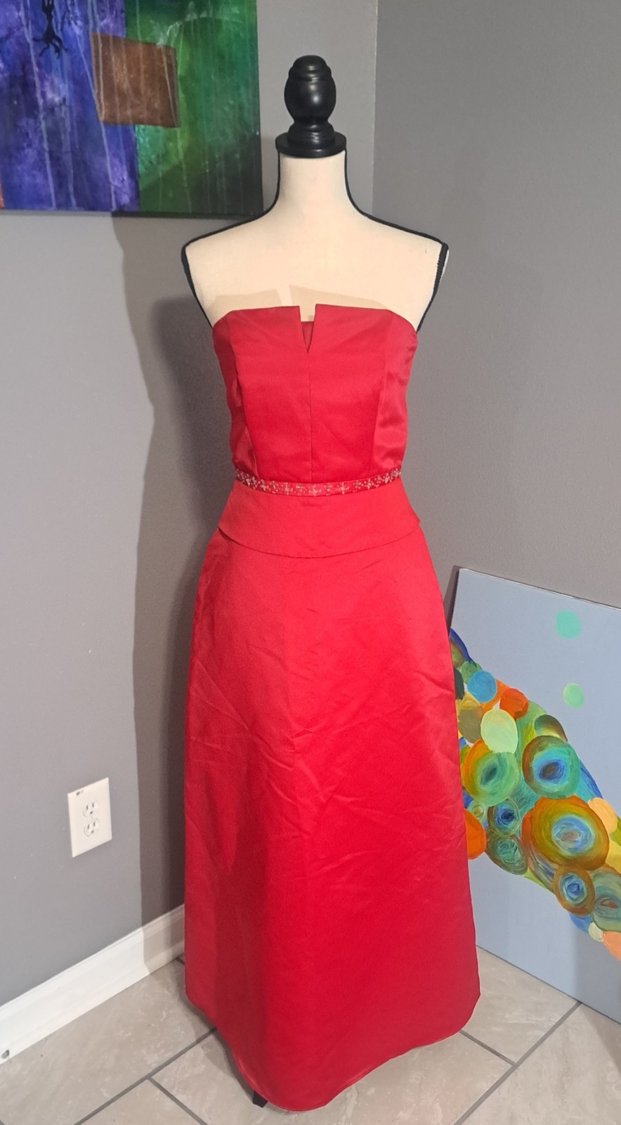 Belsoie Red Cocktail/Evening Dress With Silver Beaded Waist Size 8