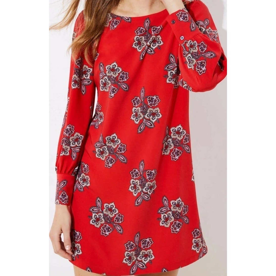 Ann Taylor Loft Women’s Dress 4 Floral Crimson Red Spring Summer Cuffed Sleeve