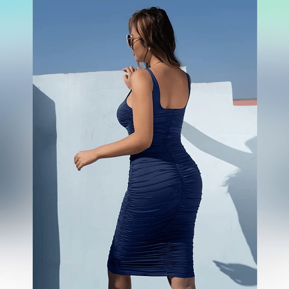 NEW Tank Top Bodycon Ruched Sleeveless Basic Midi Party Dress XL