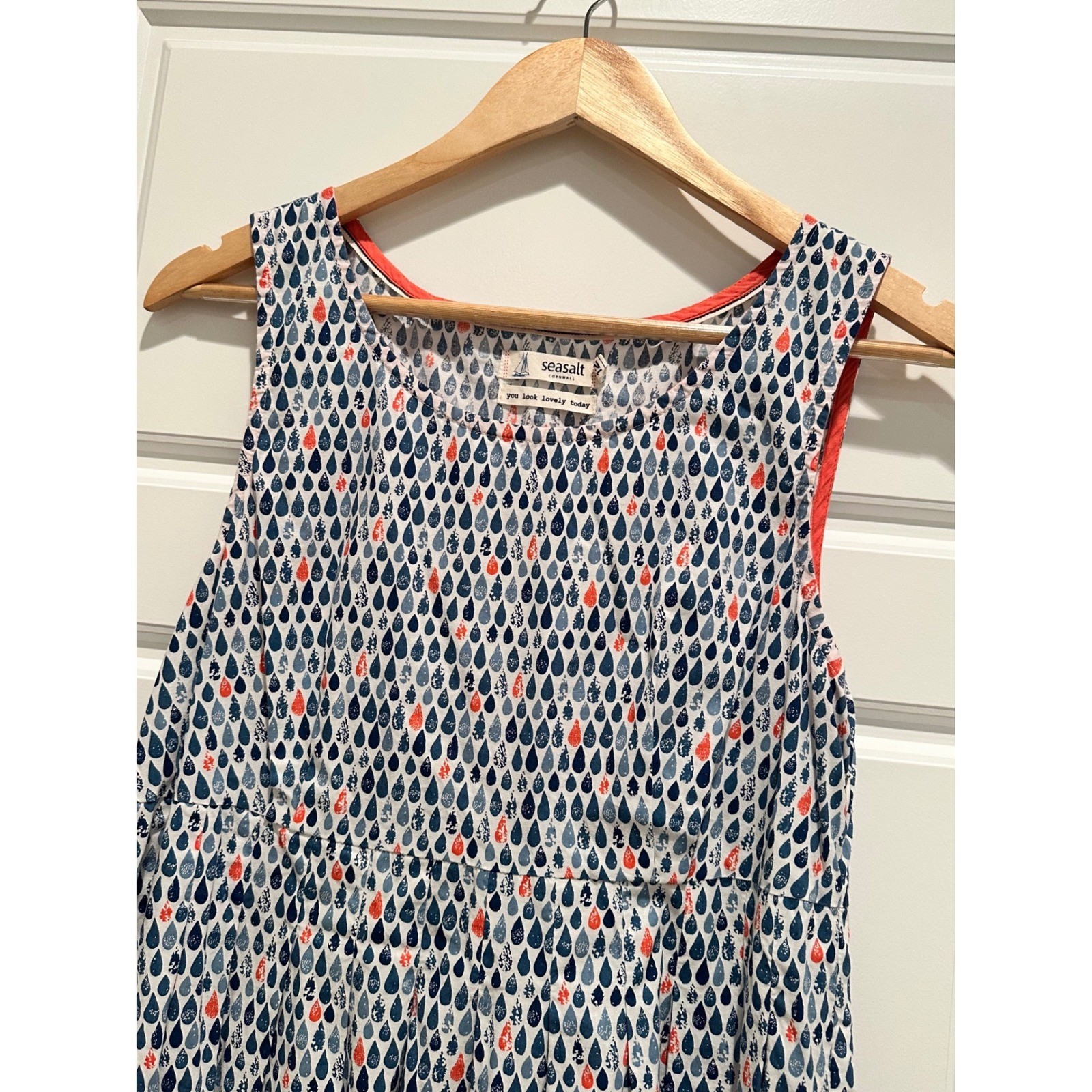 Seasalt Cornwall Gully Dress UK 12 US 8 Blue Raindrop Print Cotton Midi