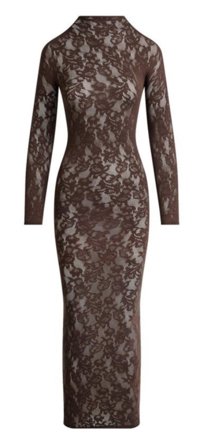 SKIMS Women’s Brown Floral Lace Mock Neck Long Sleeve Long Bodycon Dress M