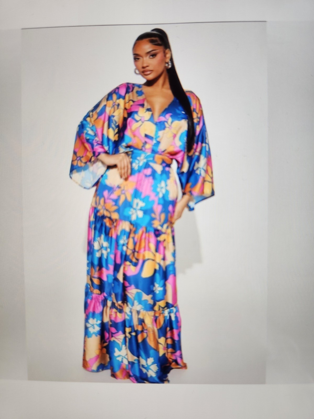 NWT Fashion Nova Summer Days Satin Blue/Combo Tiered Maxi Dress, Plus Sz. 3X