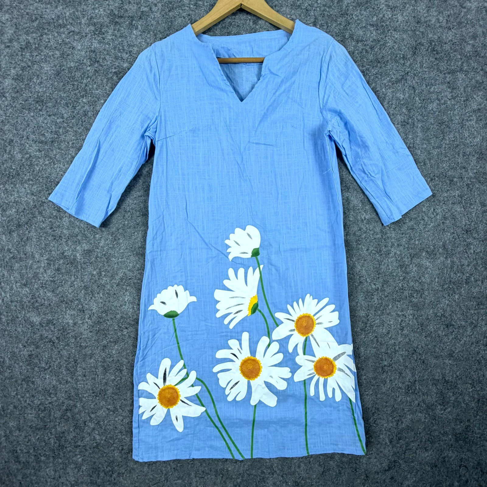Bohemian Tunic Mini Dress Womens Small Blue Floral Hippie Flower Child Summery