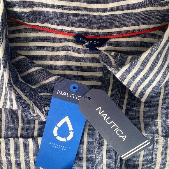 Nautica | Blue & Bright White Stripe Linen-Blend Belted Shirt Dress Medium NWT