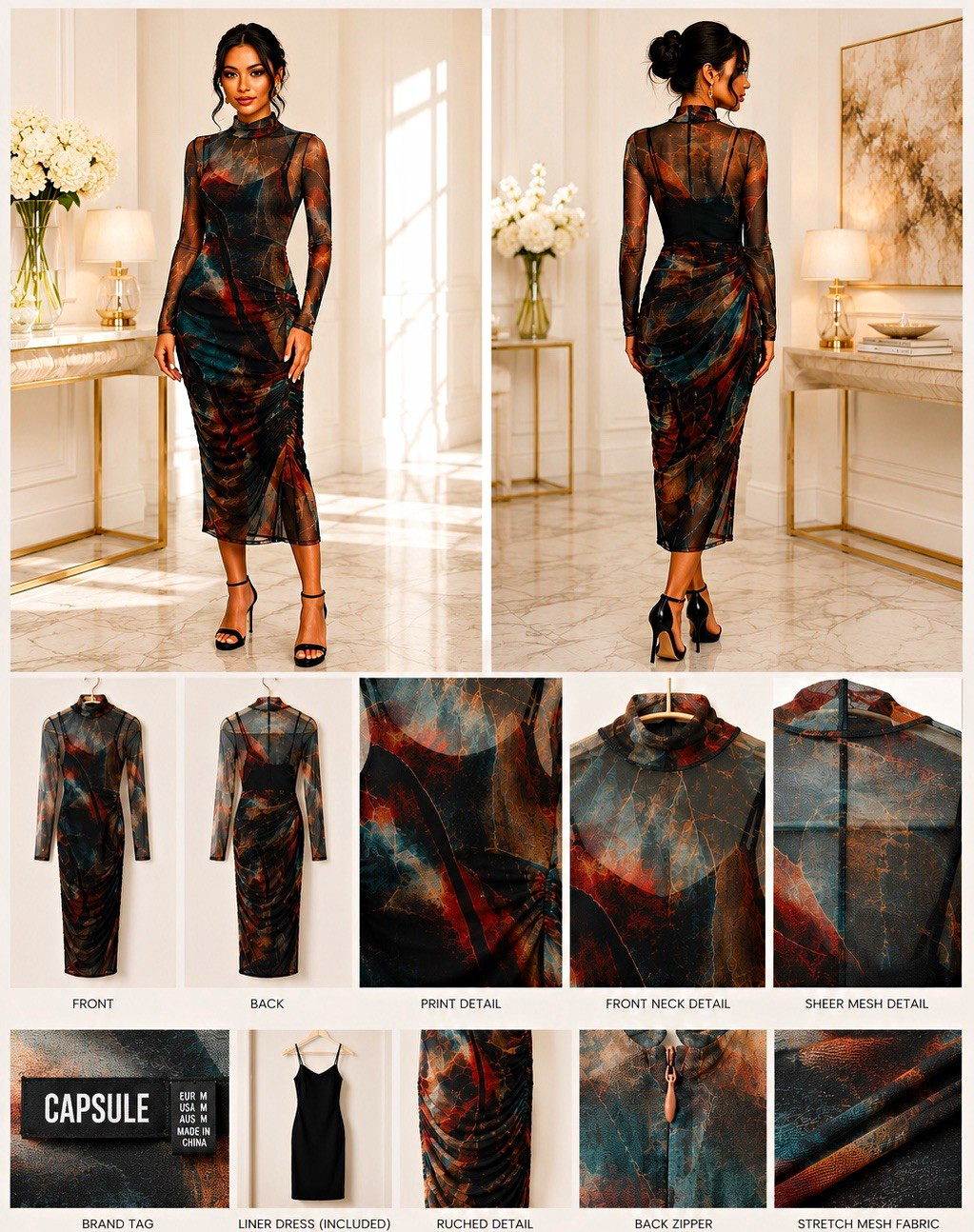 Capsule Abstract Sheer Ruched Stretch Mesh Midi Dress High Neck Long Sleeve M