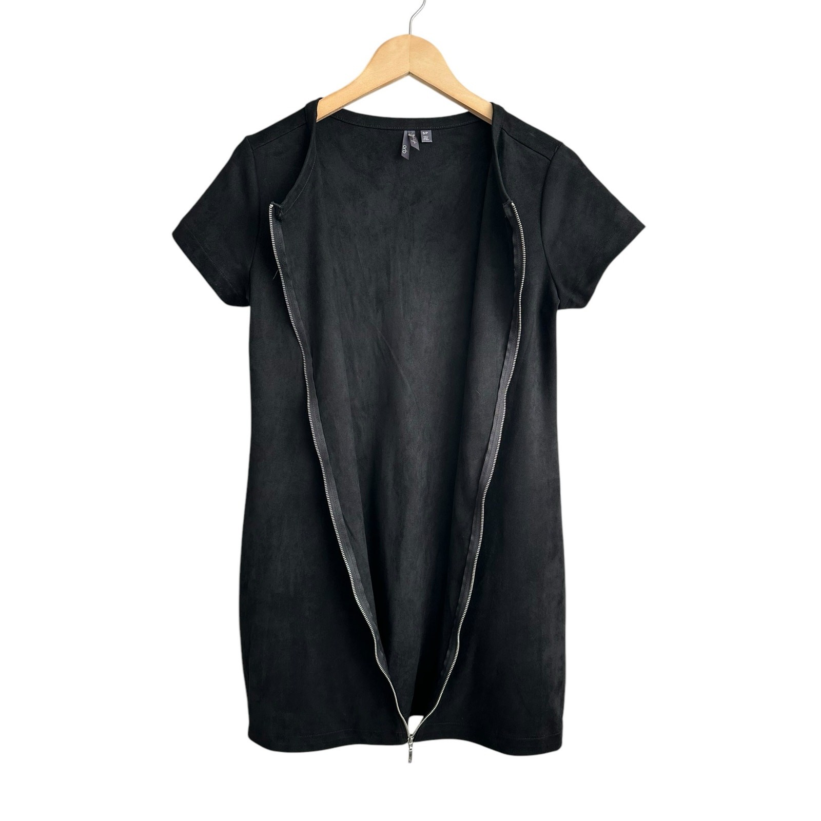 NEW Orb Life Faux Suede Full Front Zipper Short Sleeve Black Mini Dress Small