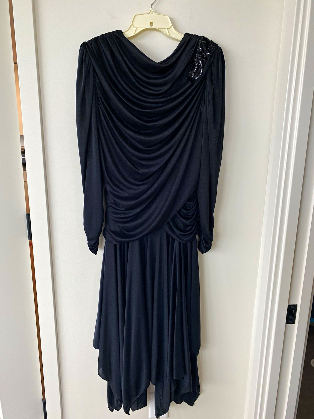 Vintage Filigree Black Sheath Dress. Cowl Neck. Sequin Shoulder. Midi. Size 12