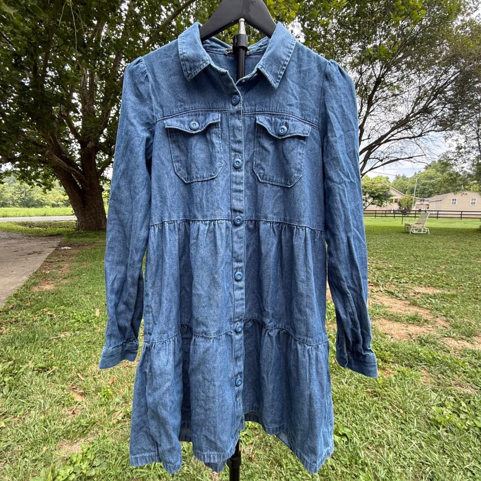 American Eagle Womens Tiered Denim Mini Shirt Dress Medium Wash Blue XS Cotton