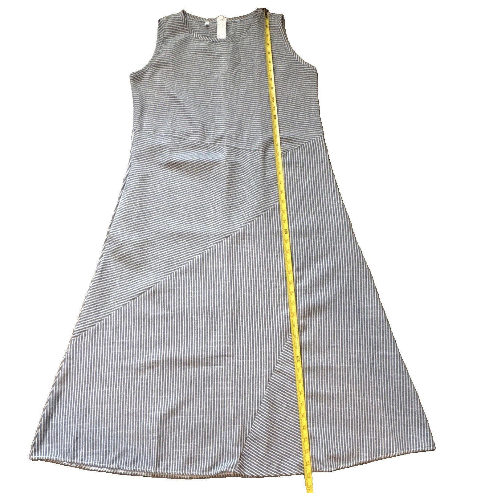 Gray-Blue/White Striped Nautical A-Line Midi Dress with Pockets Sleeveless M-L
