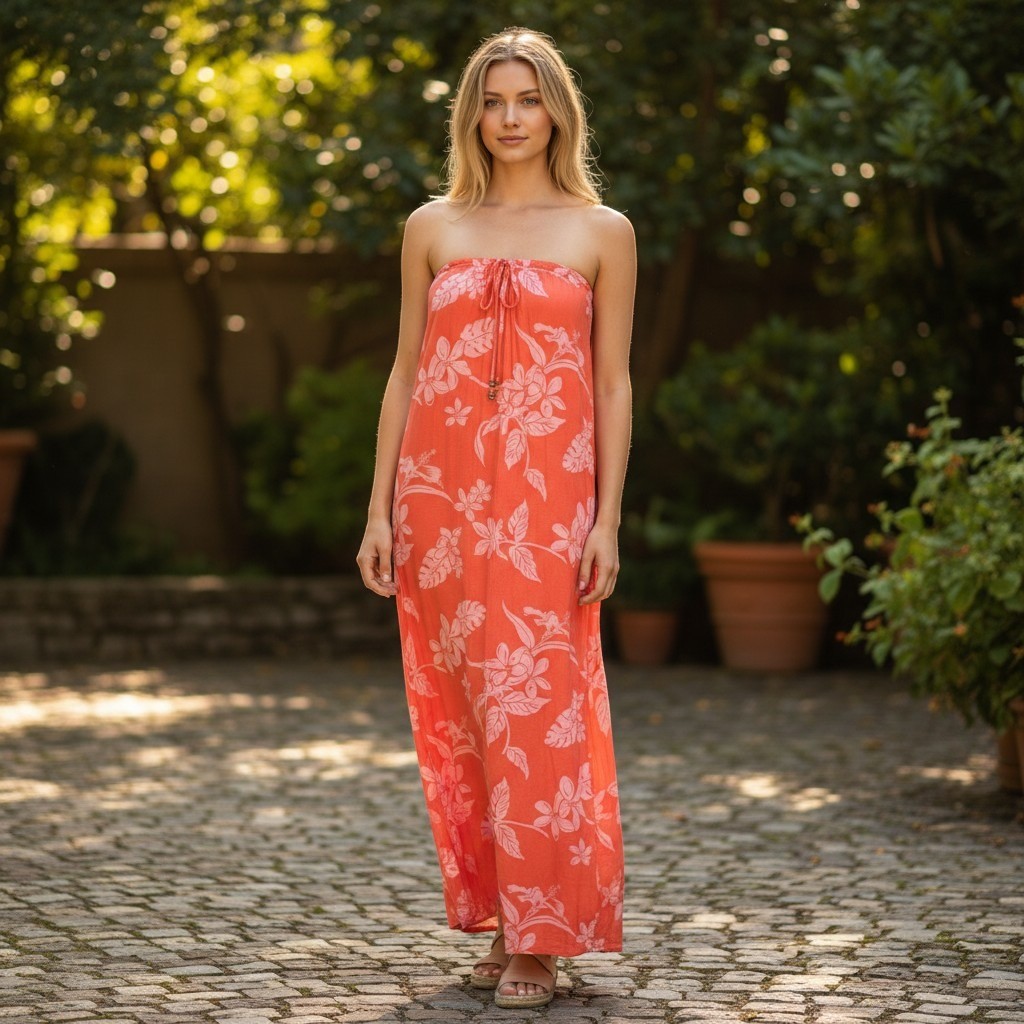 Tommy Bahama Maxi Dress Womens Medium Orange Tropical Floral Strapless Beach