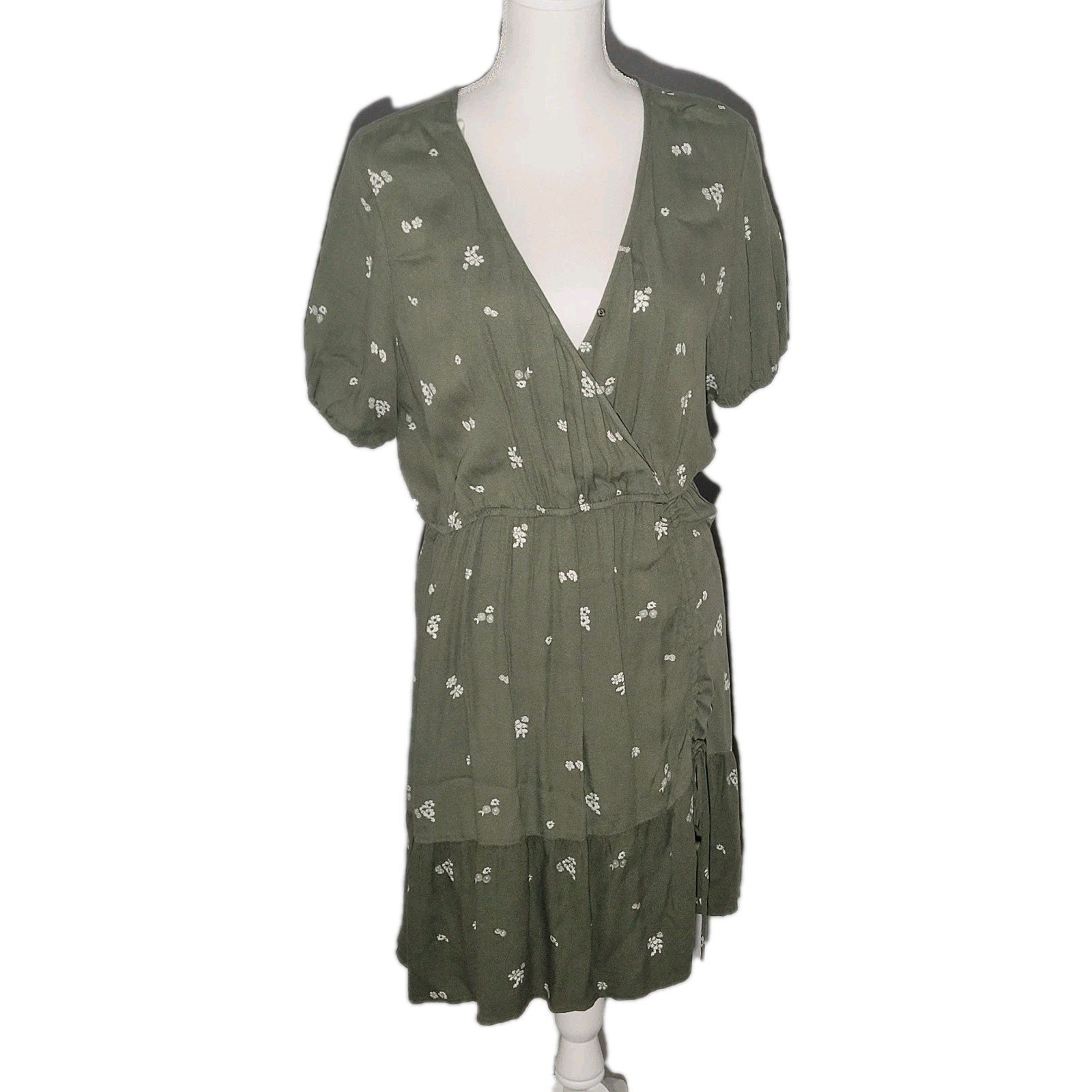 SO Asymmetrical Cinch Side Dress Juniors XL Green V-Neck Prarie Style