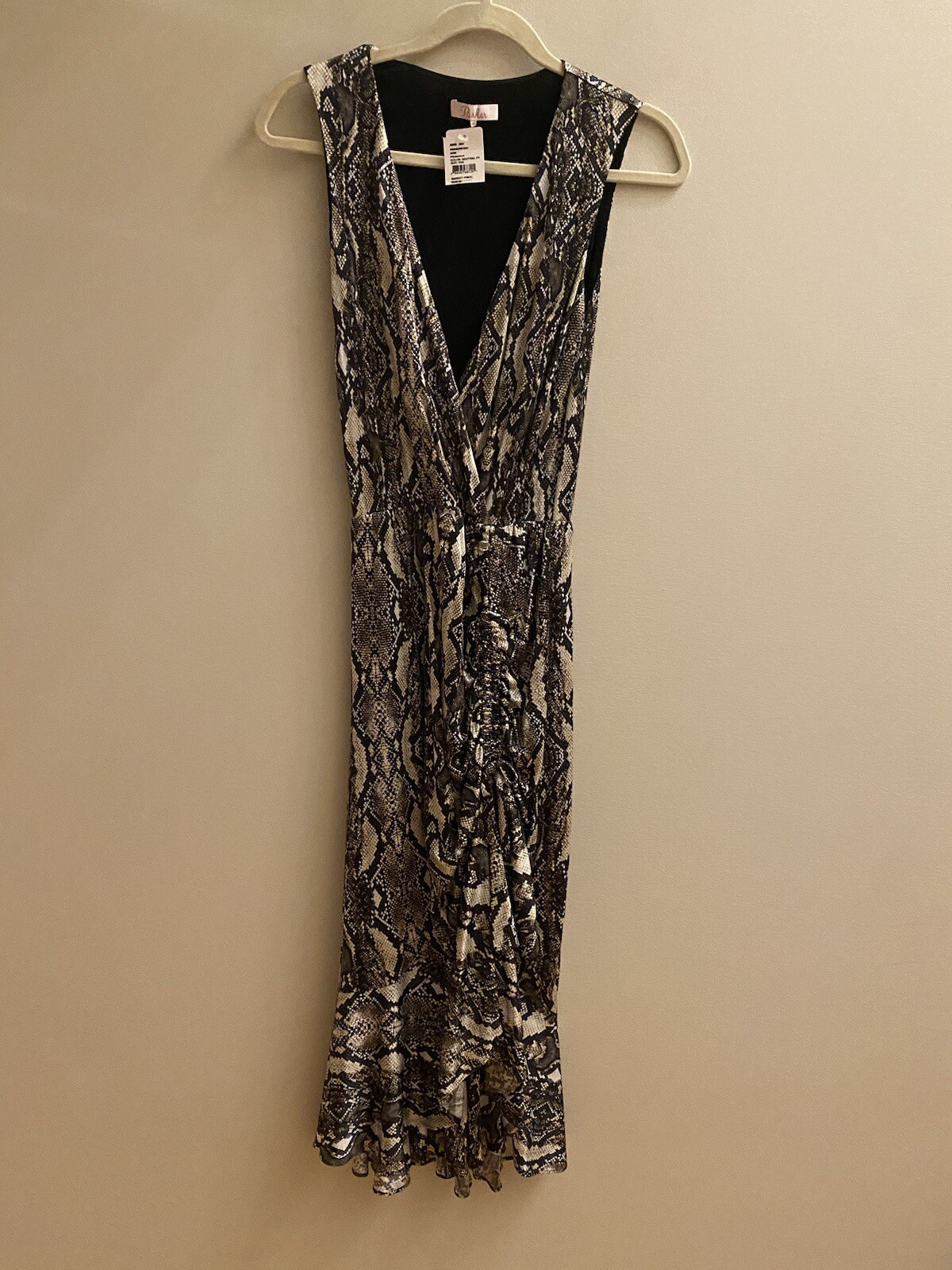Dress V-neck Ruched Snake Print Midi Cocktail Dress New XXS