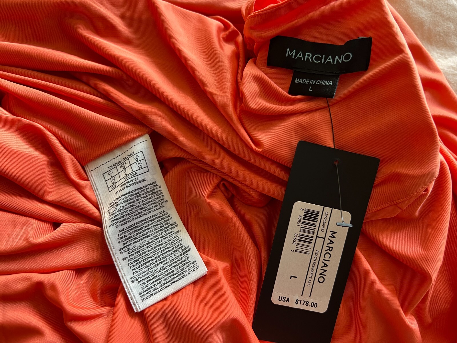 MARCIANO Ruched Butt Peach Schnapps Dress Size L New with Tags