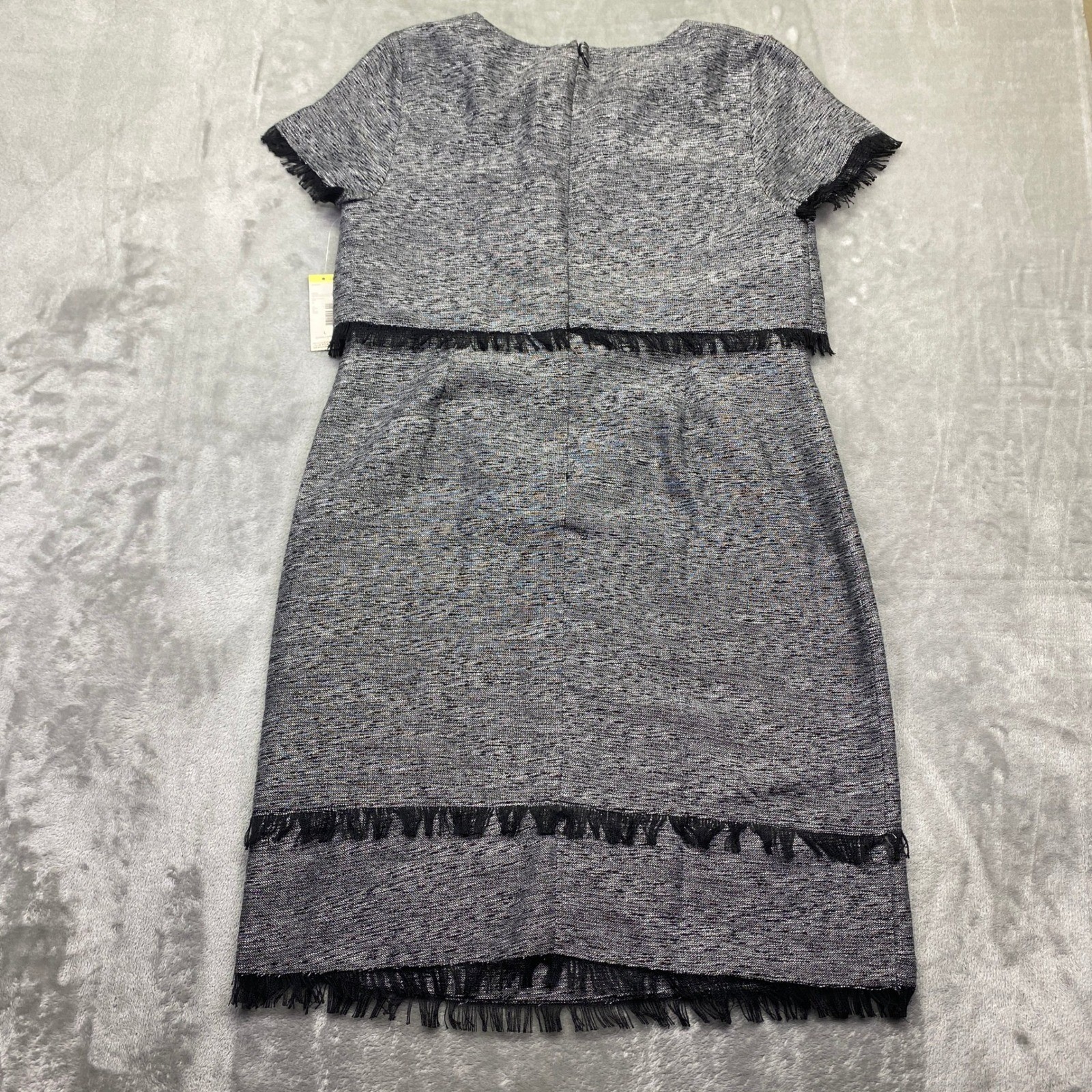 Covington Missy Cropped A Line Dress Silver Lurex Tweed Fringe Gray Large NWT