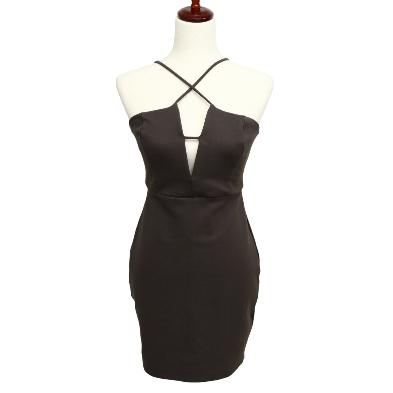 ASTR Strappy Deep V Plunge M Mini Bodycon Dress Dark Gray Stretchy Zip Up Lined