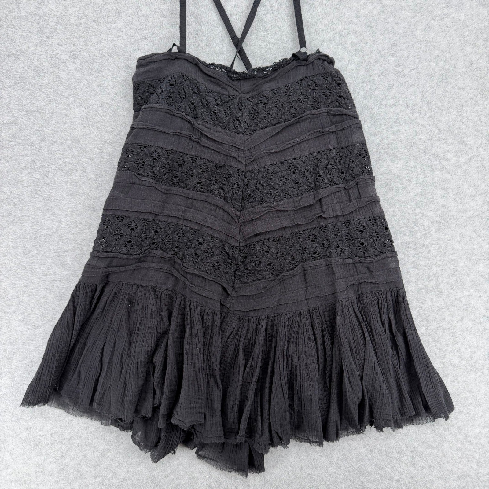 Free People FP One Mini Dress Womens M Black Crochet Lace Ruffle Boho Goth Slip