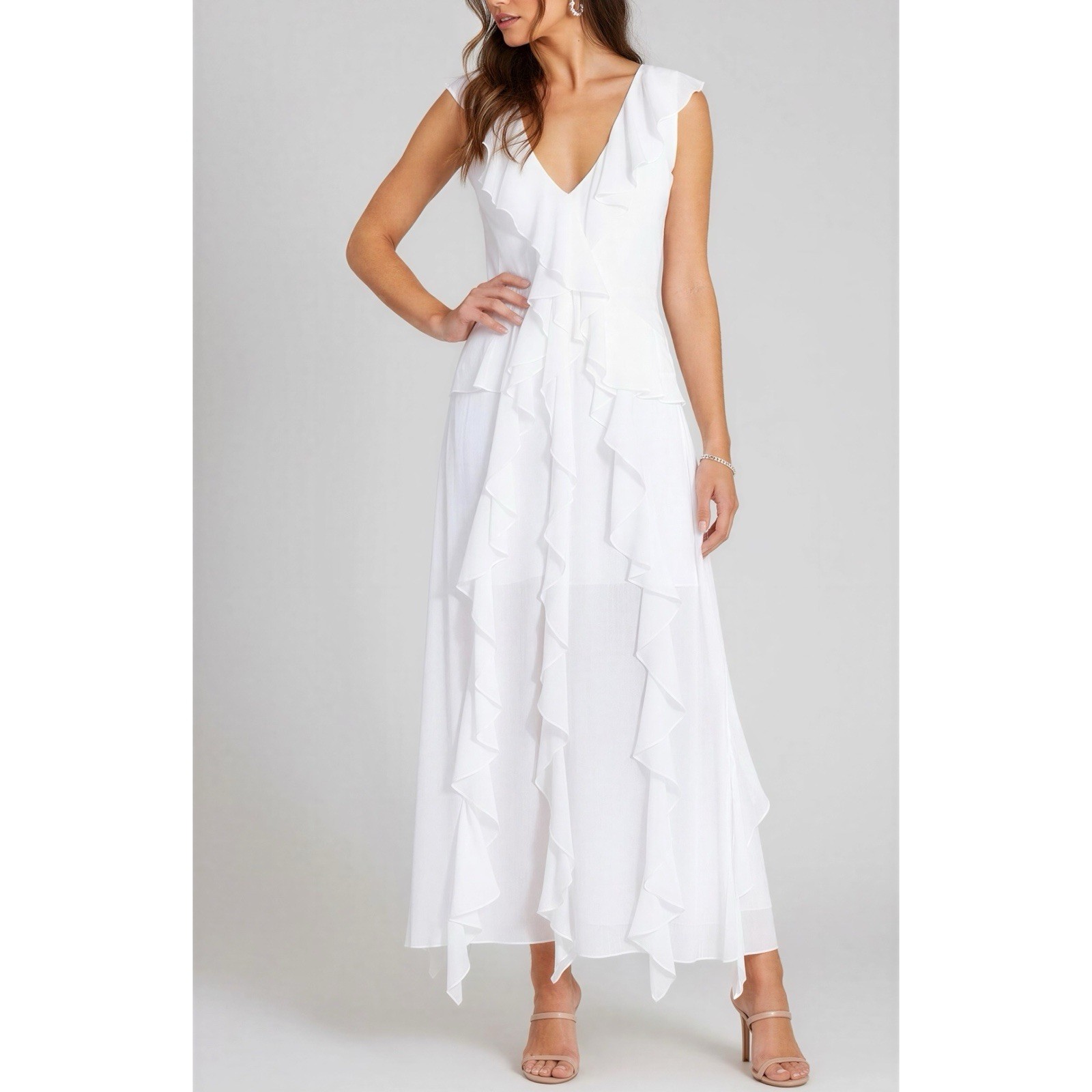 $490 NWT MISA LOS ANGELES Claudita Ruffle Maxi Dress, White, XS