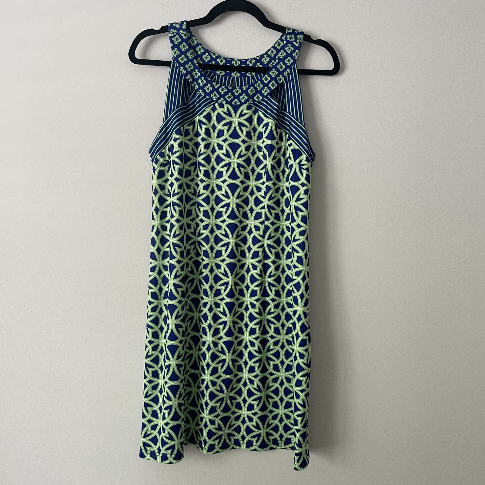 Gretchen Scott Isosceles Biltmore Shift Dress Green Blue M Stretch Knit Preppy
