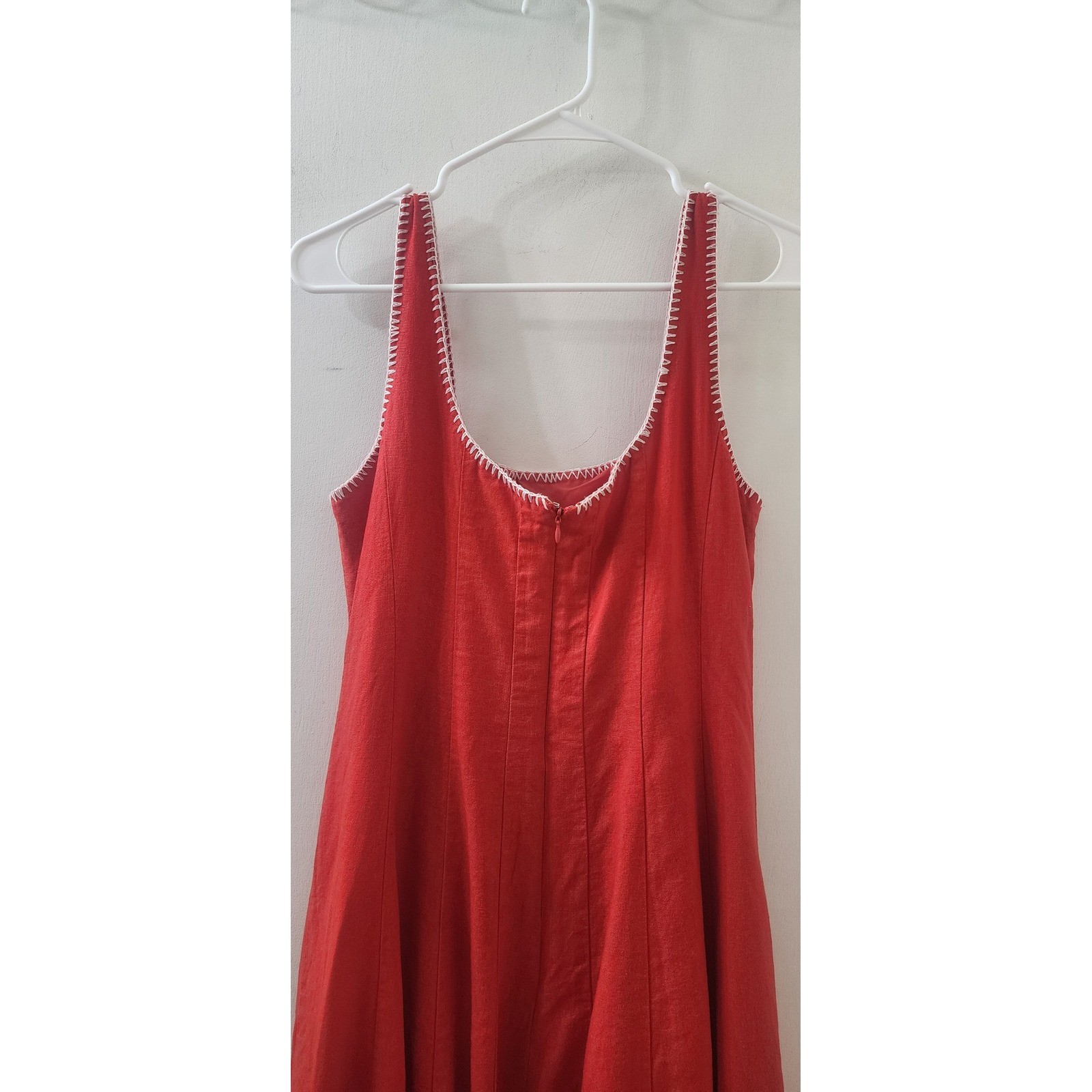 Caroline Constas Red Linen Blend Blanket Stitch Midi Dress Square Neck Red White