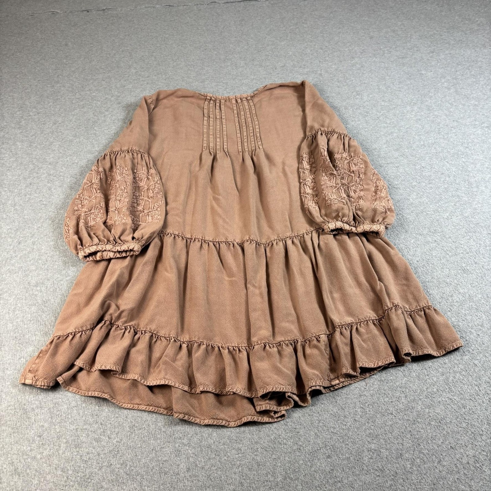 Solitaire Dress Women Large Brown Trapeze Swing Tunic Ruffle Embroidered Boho