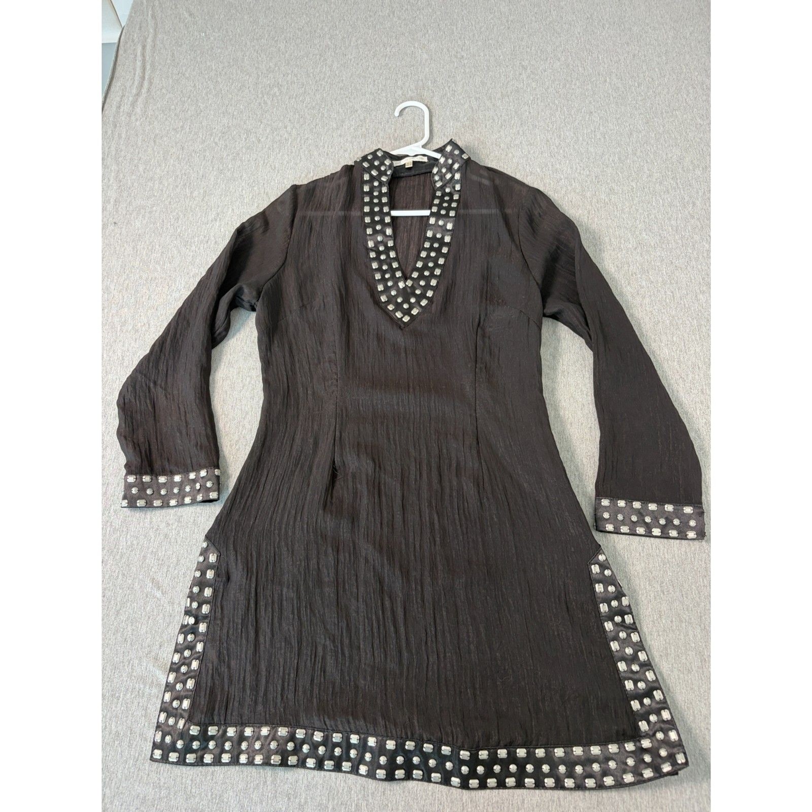 Lucy Paris Black Crinkle Tunic Top Dress Studded Stone Trim Medium Y2K Boho
