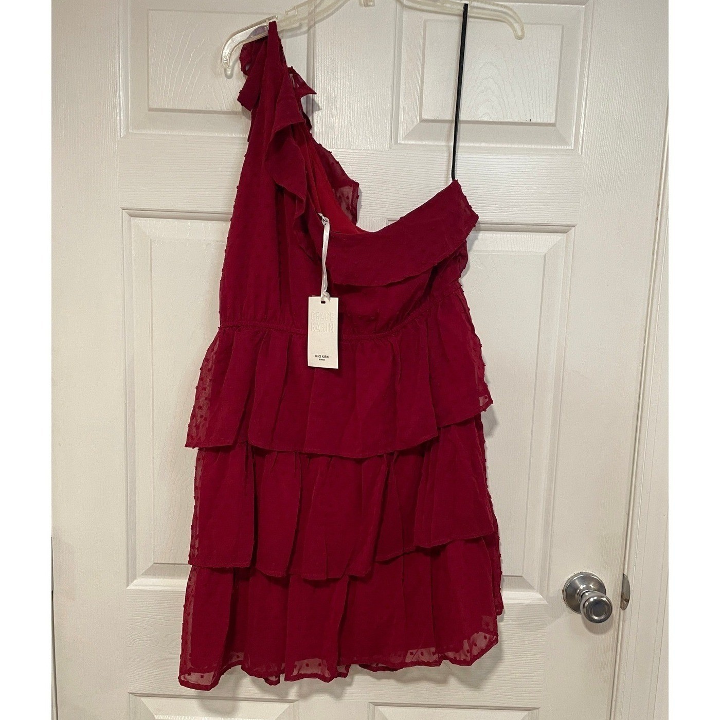 Grace Karin One Shoulder Ruffle Short Flowy Dress Swiss Dot Party Wedding XL NEW