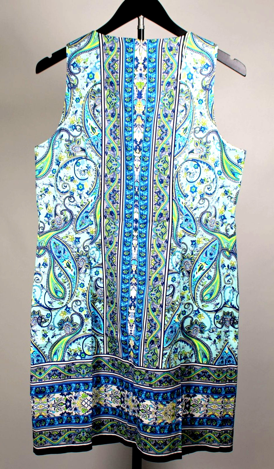 London Times Sleeveless, Blue & Multicolor Paisley Dress, Sz 8, 28″B, 17.5″W
