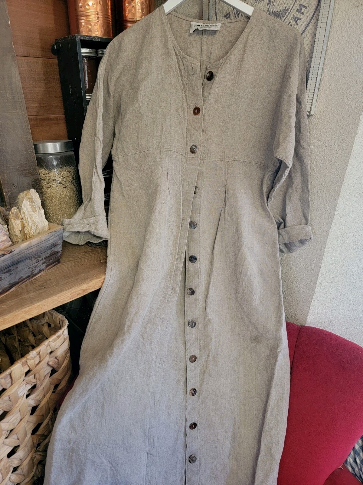 Aly Wear USA 100% Linen THICK Heavyweight Dress *stain* Lagenlook Minimalist M
