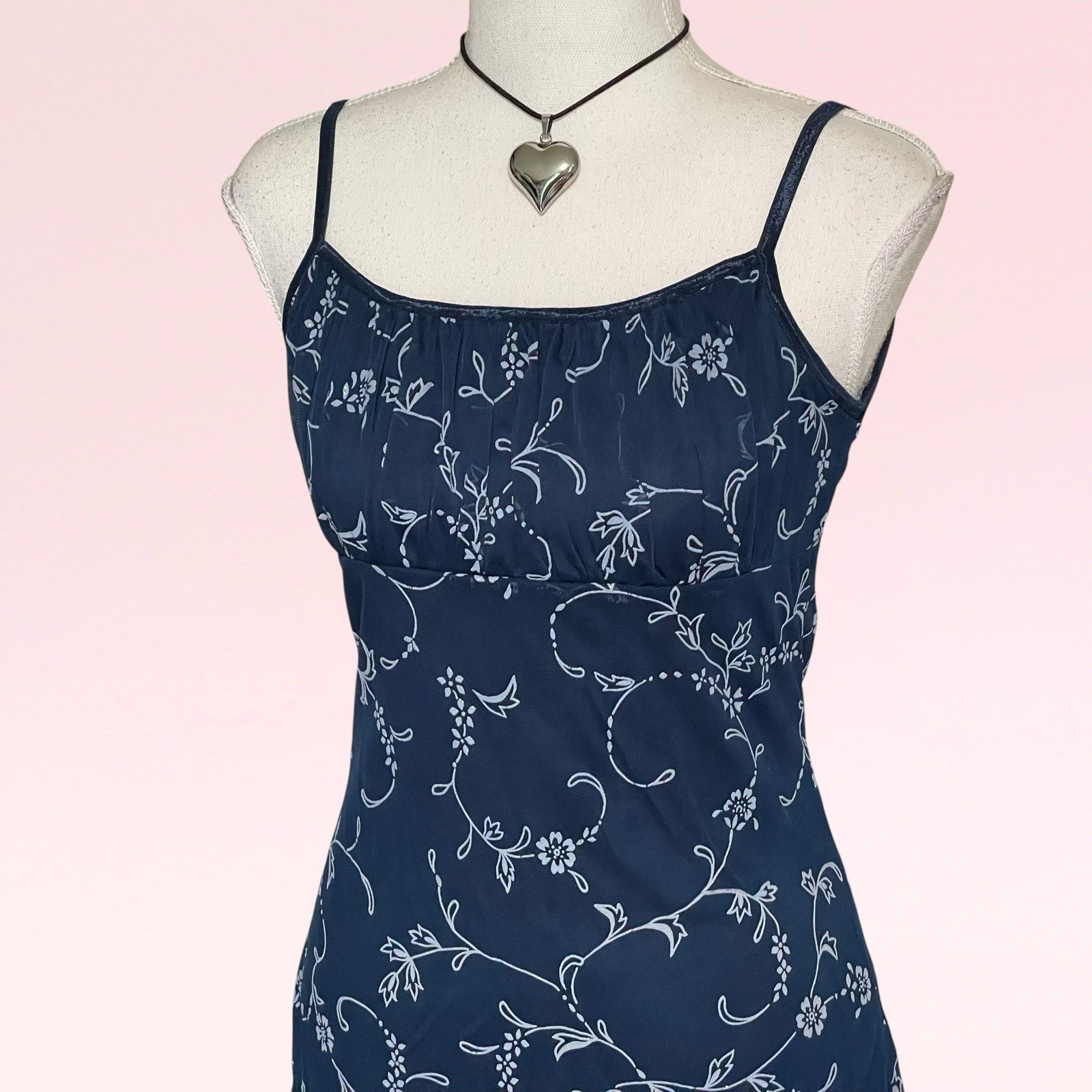 vintage y2k whimsy goth floral milkmaid navy blue mesh grunge slip party dress M