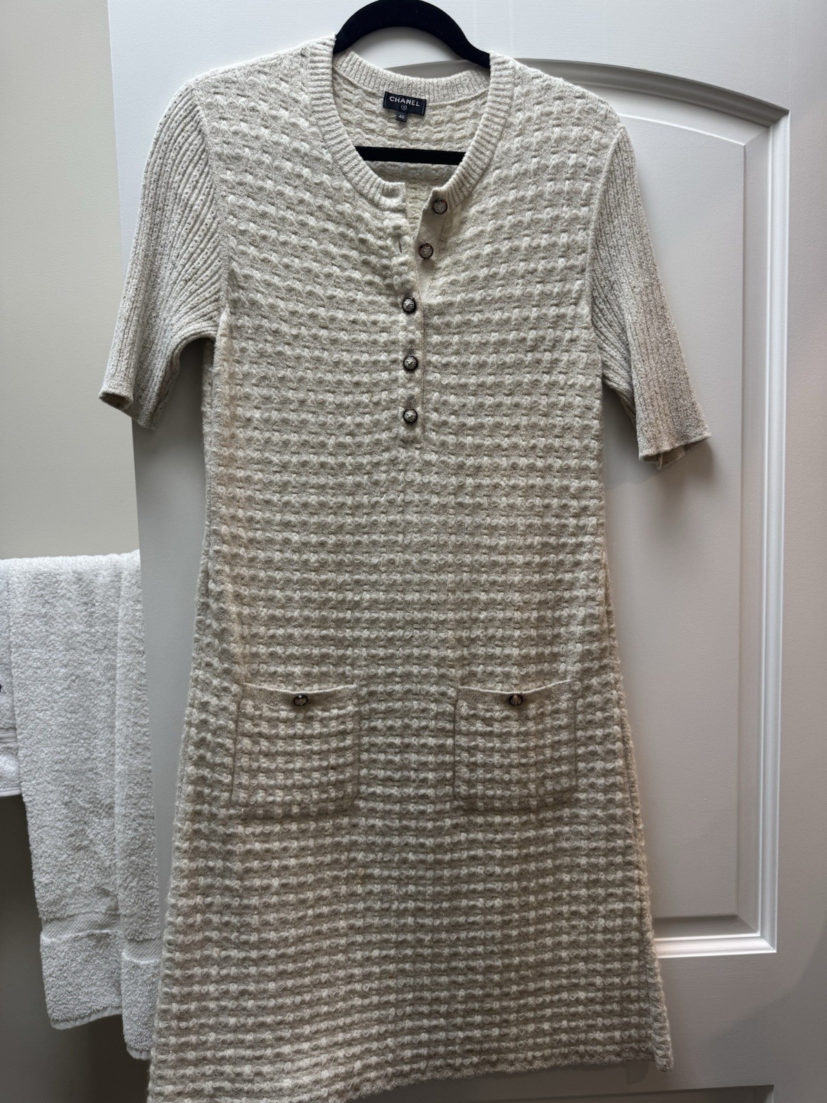 CHANEL Beige Wool Knit Button Front Pocket Knee Dress Half Sleeve Size 40