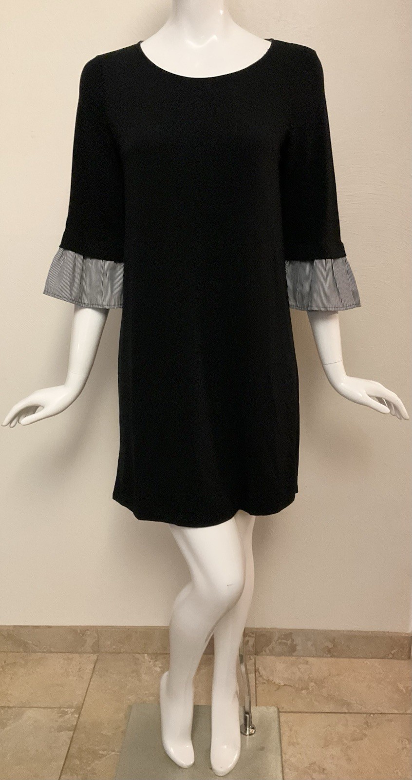 PLEIONE 3/4 Bell Sleeve Black Knit Shift Dress Size S