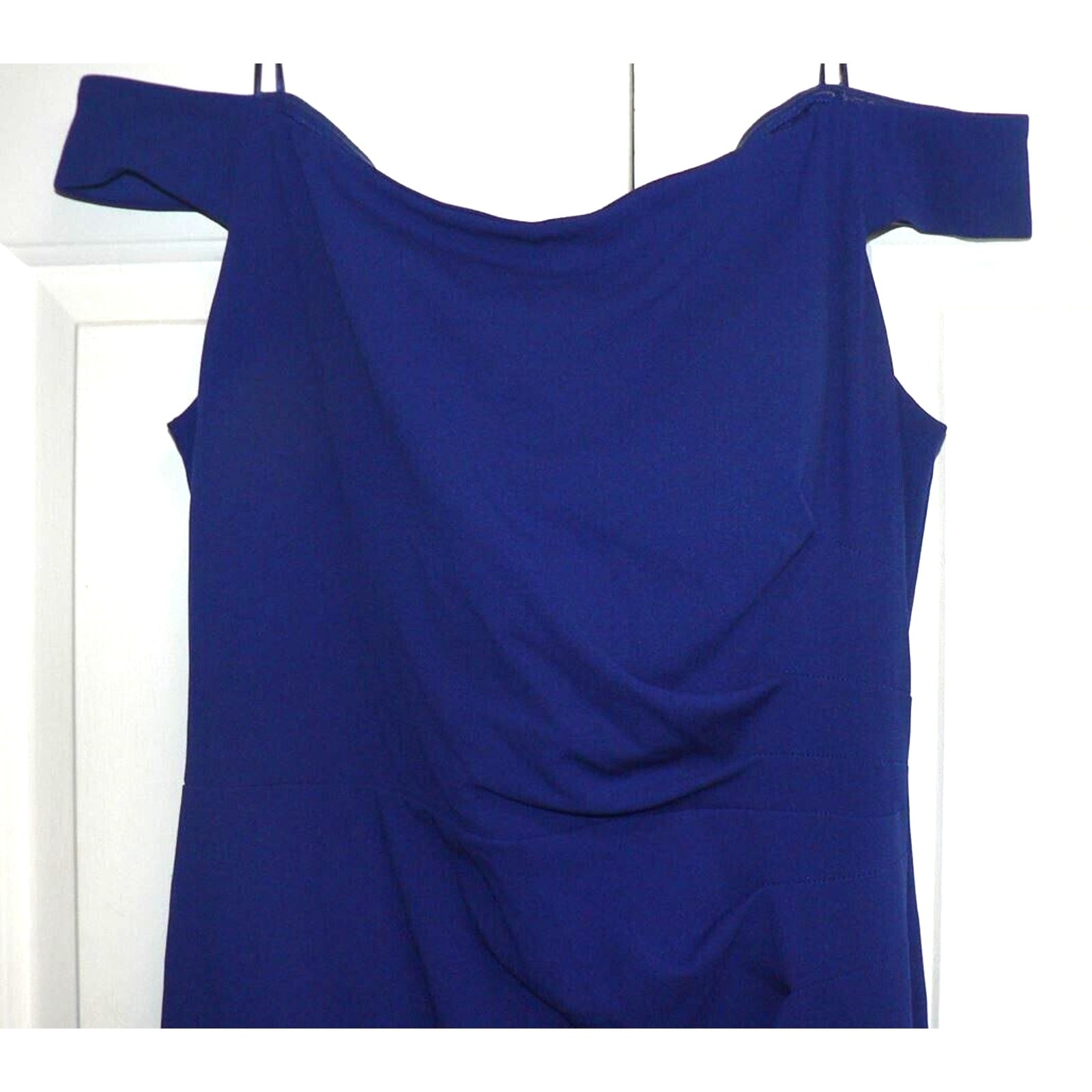 Ignite Evenings Off the Shoulder Ruffle Drape Slit Crepe Gown Blue Size 16 $239
