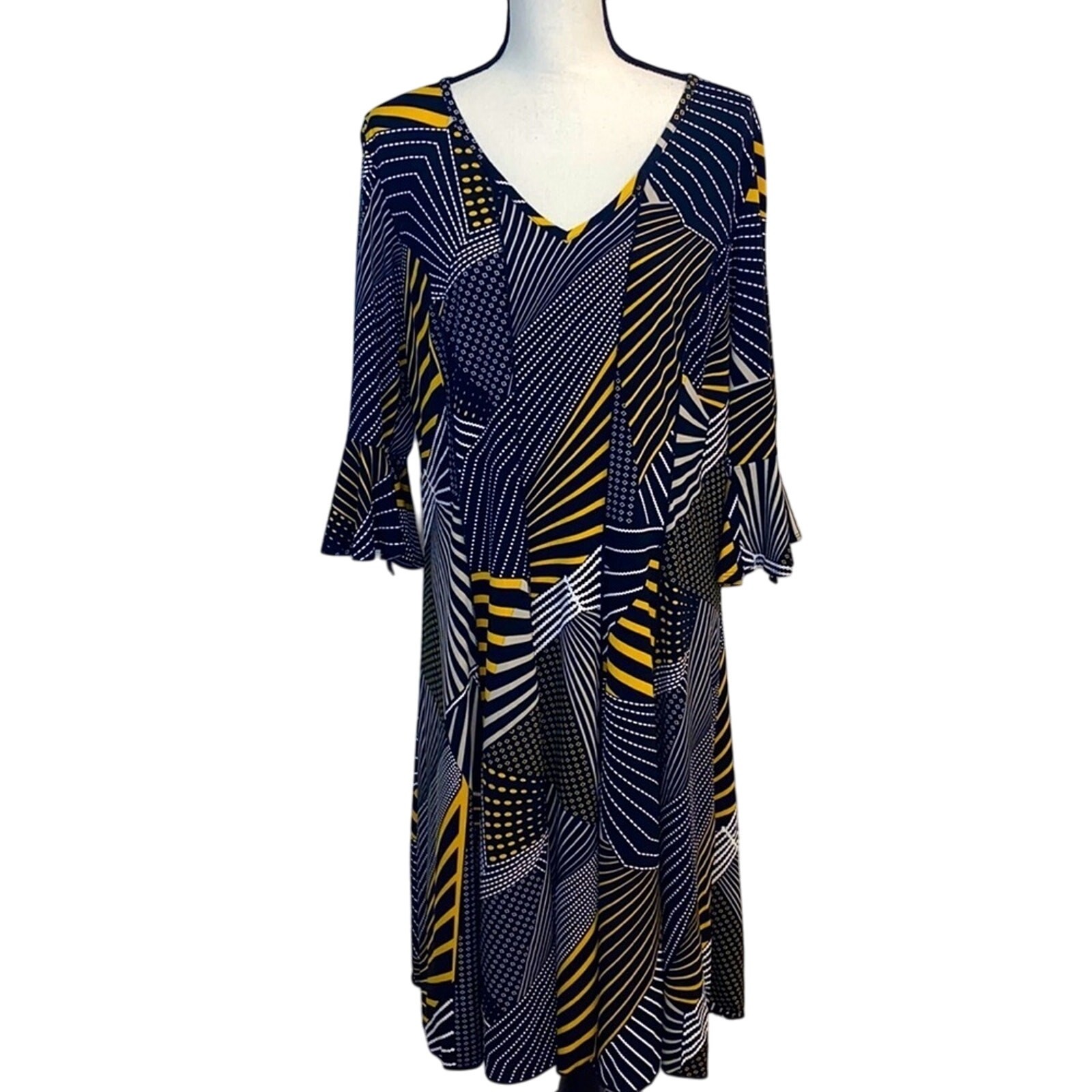 Ashley Stewart Bold Black White Yellow Fit and Flare Dress Size 14/16W