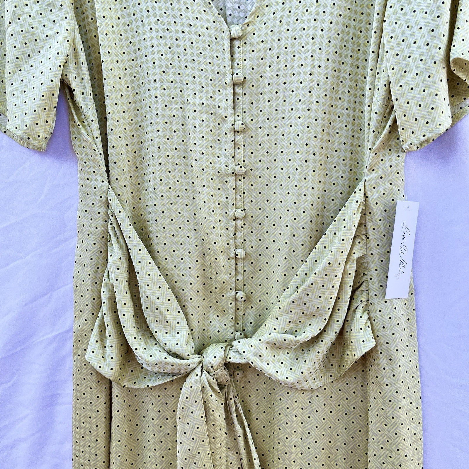 ANTHROPOLOGIE X LOVE, WHIT CITRON DOT TIE WAIST MIDI DRESS