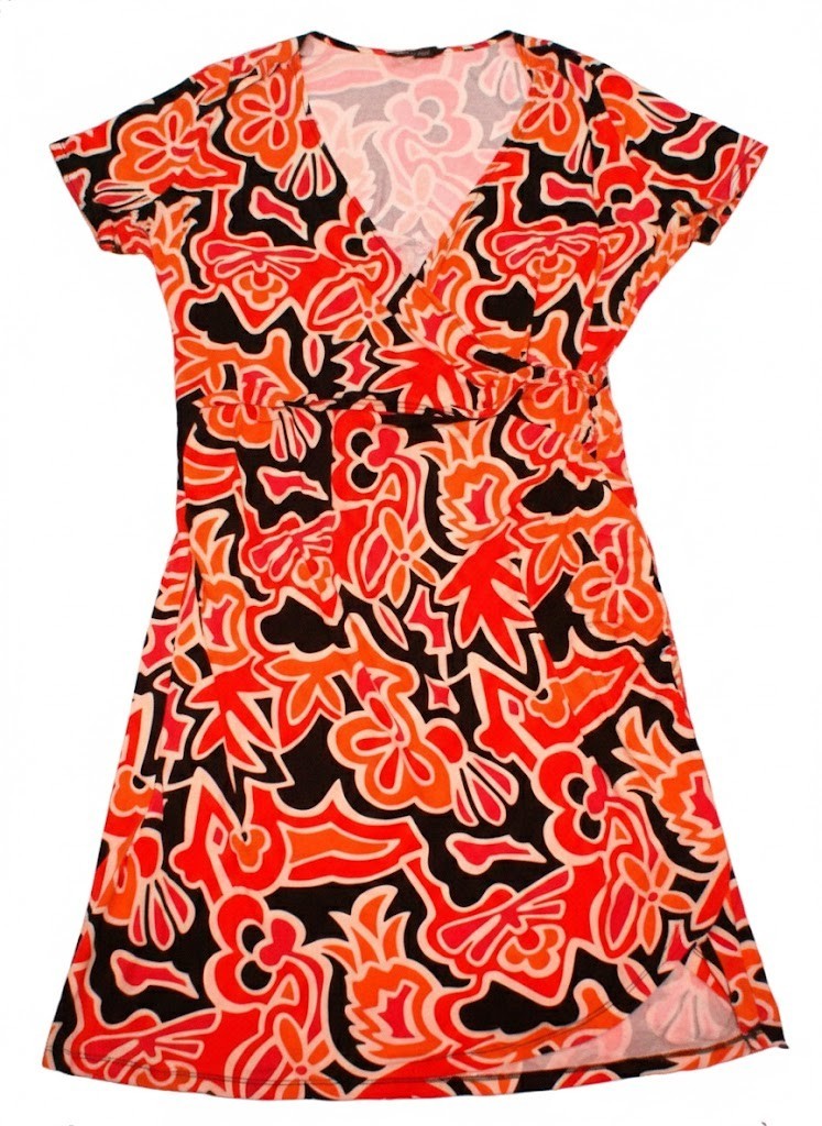 Colleen Lopez Women’s 2X Ruched Side V-Neck Long Dress, Black Orange Pink