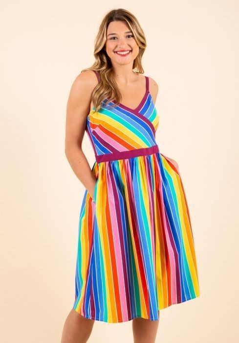 Modcloth Harkel Colorful Rainbow Stripe Pride Swing Dress UK 18 US 14