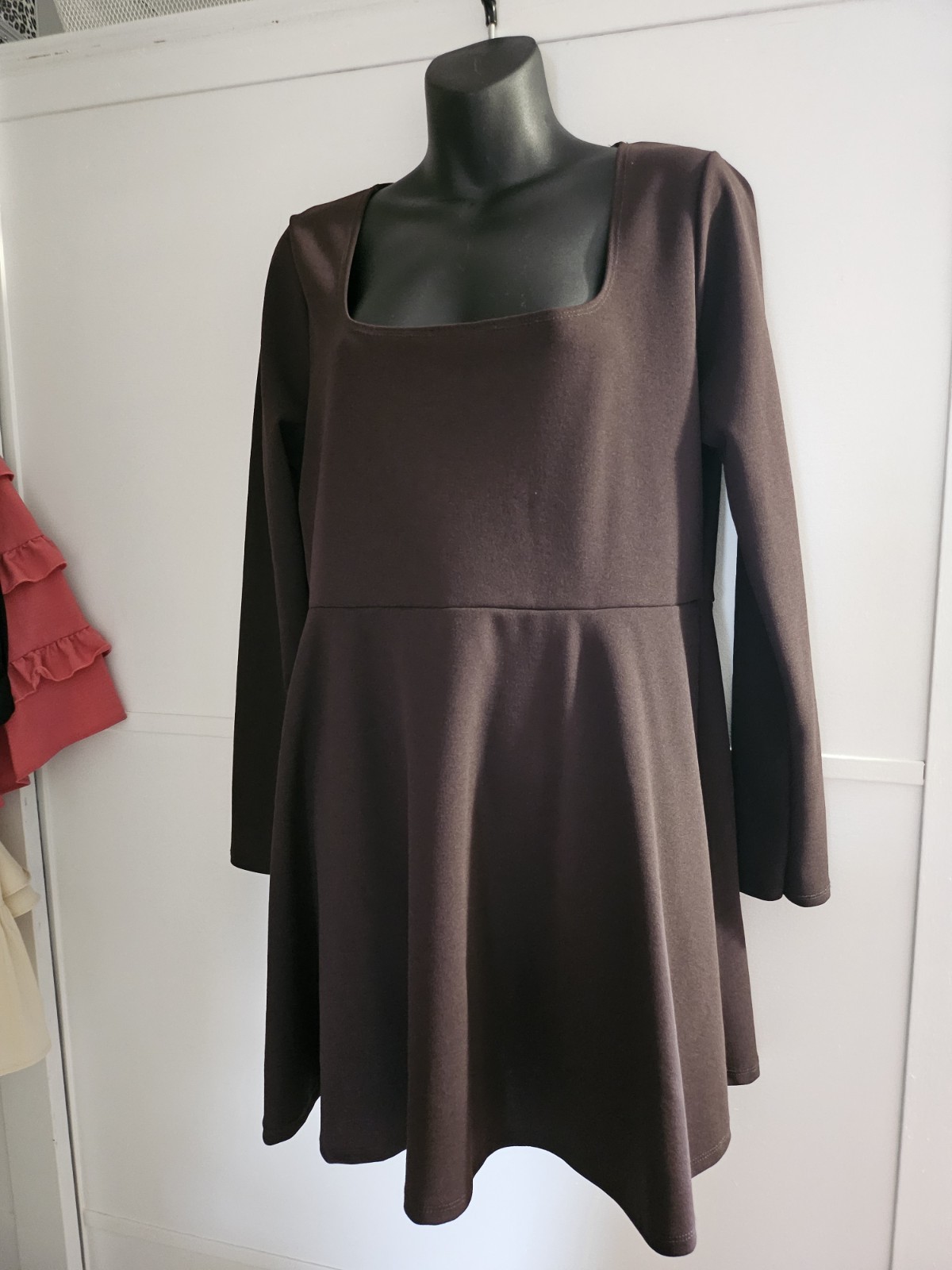 Miss Selfridge Large brown long-sleeve skater mini dress with a square neckline