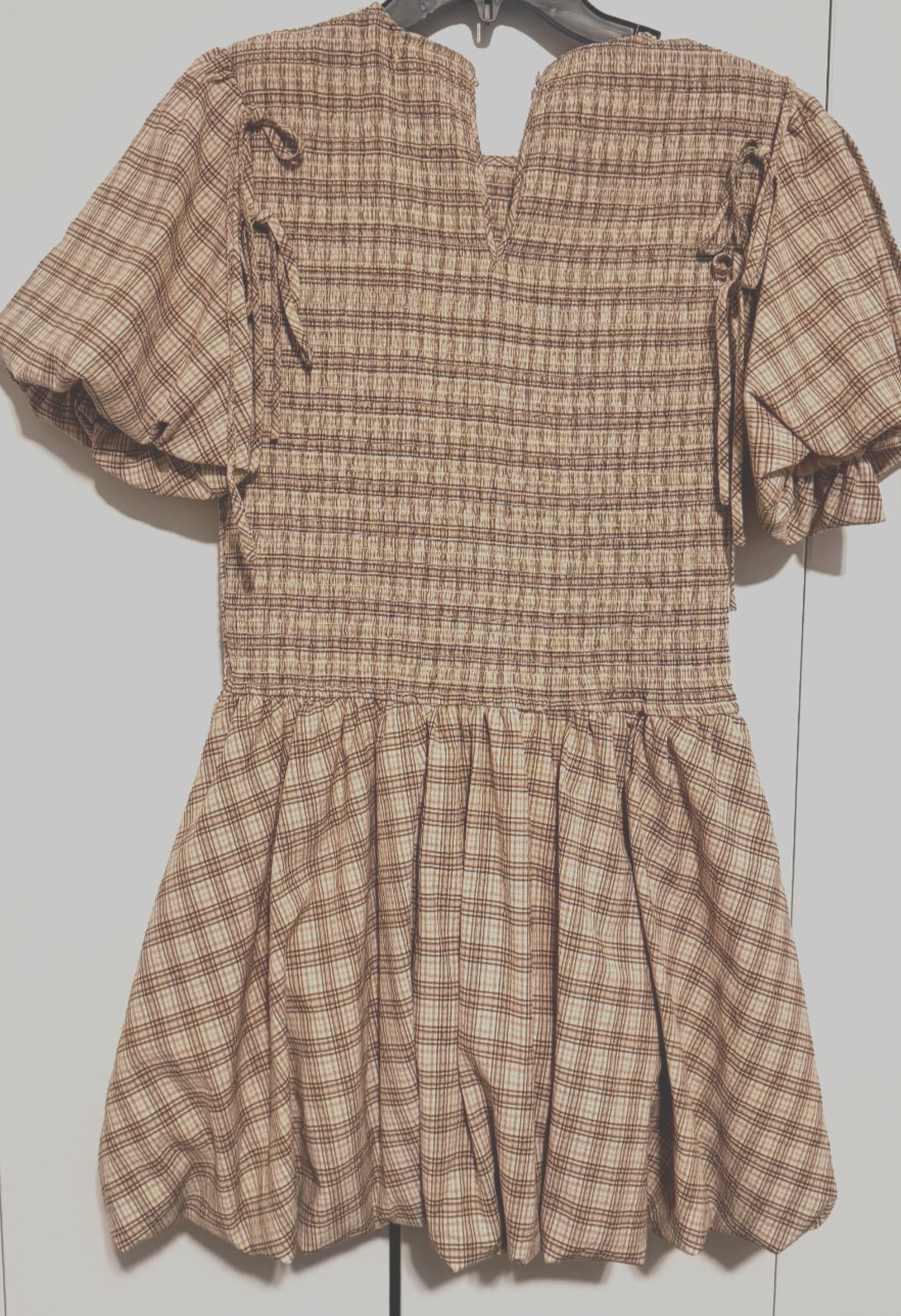 GB Gianni Bini Smocked Plaid Mini Dress Puff Sleeve Bubble Skirt Size L