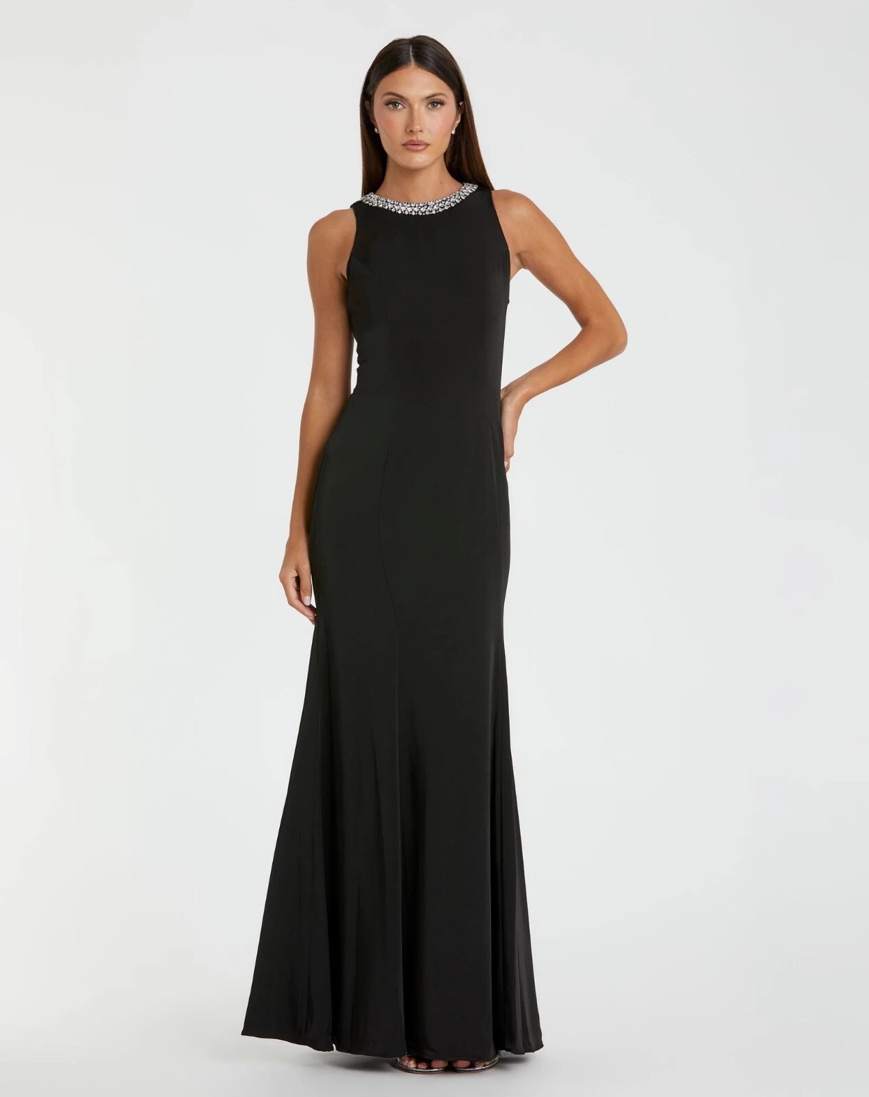 NWT Mac Duggal 49093 Black Embellished Neck Trumpet Maxi Dress Size 2