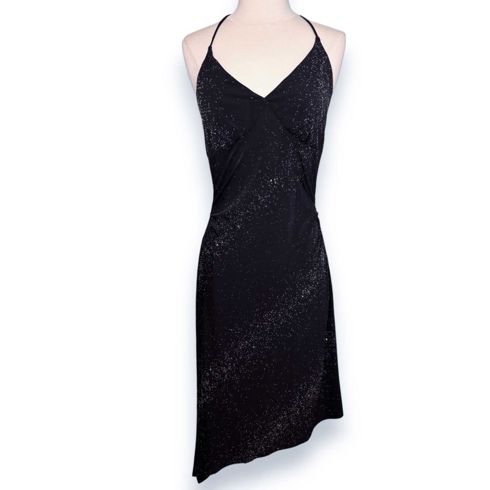 Wet Seal Y2K Vintage Black Asymmetrical Rhinestone Halter Dress Made in USA Sz M