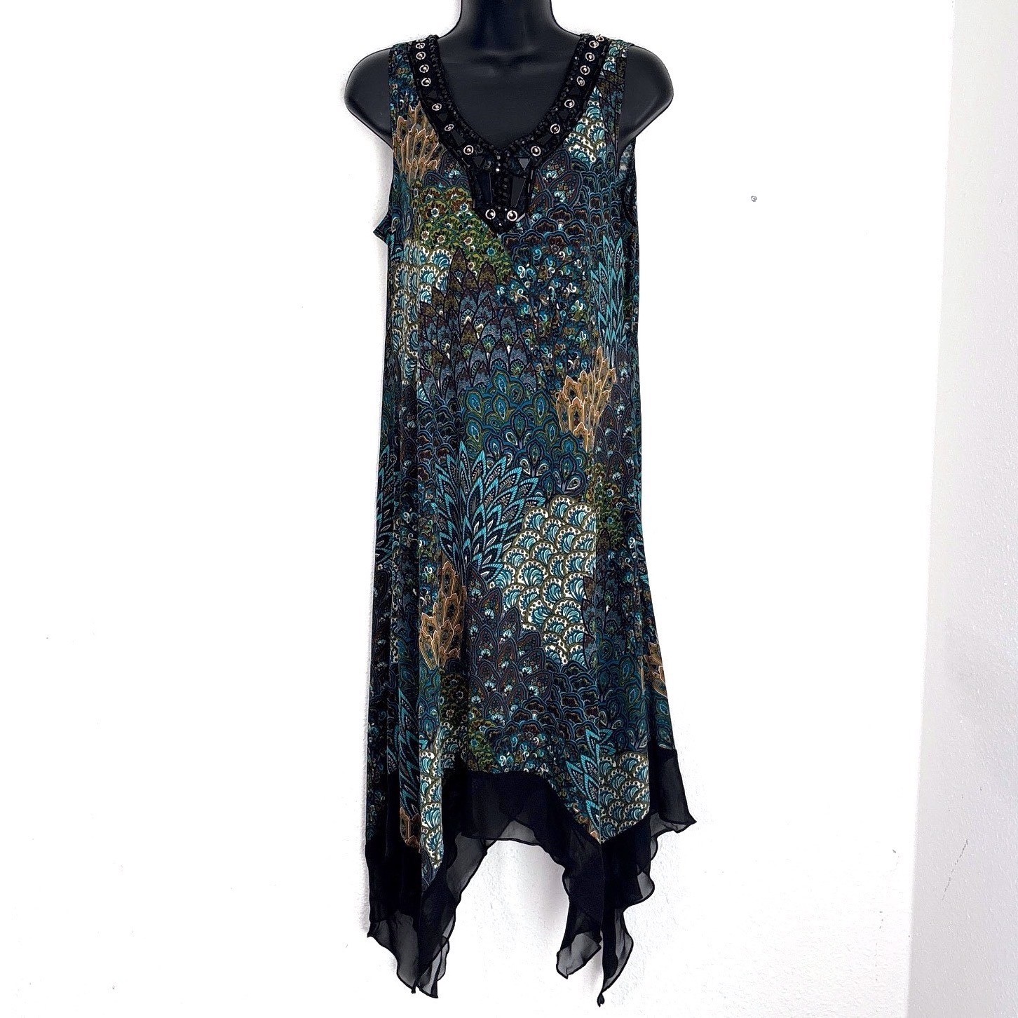 Blue Peacock Paisley Beaded Handkerchief Hem Dress M Dark Forest Fairy Goblin