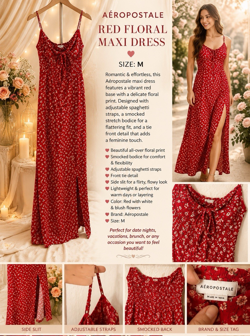 Aéropostale Red/White Floral Cowl Neck Smocked Maxi Dress M Side Slit