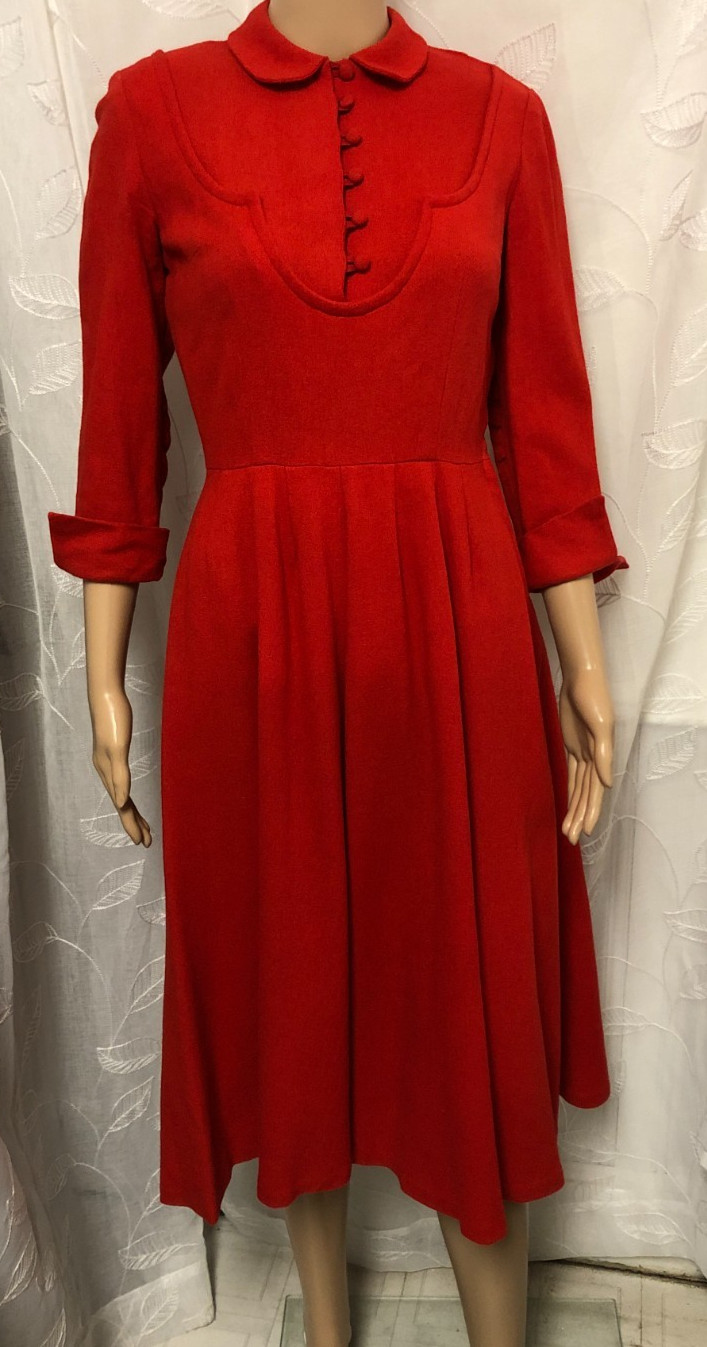 authentic 1930’s Fit & Flare Wool Dress Sz S Covered Buttons 3/4 Sleeve