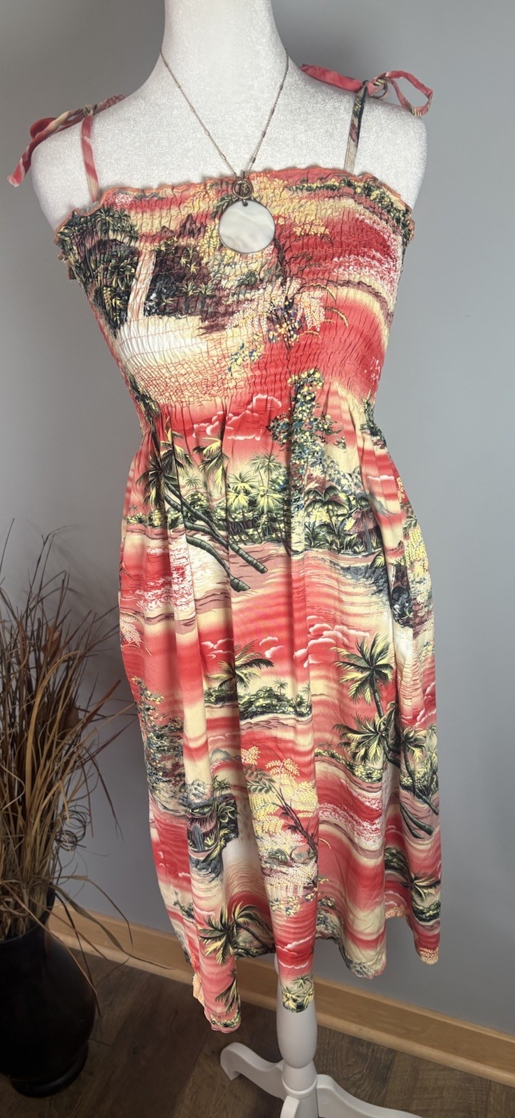 Vintage Hawaiian Dress Made in Hawaii Smocked Sundress Tropical Print Size M