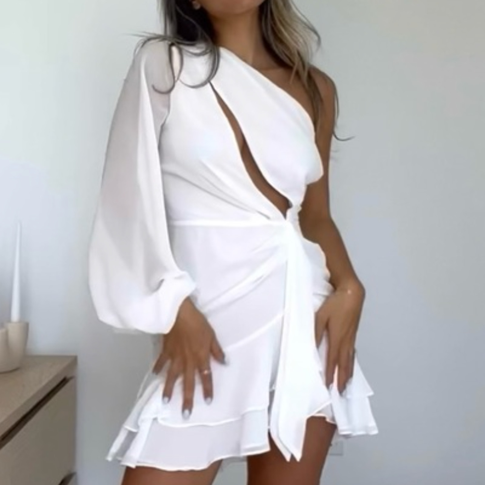 Michael Costello White One Shoulder Mini Dress XS Chiffon Ruched Ruffle $248 NEW