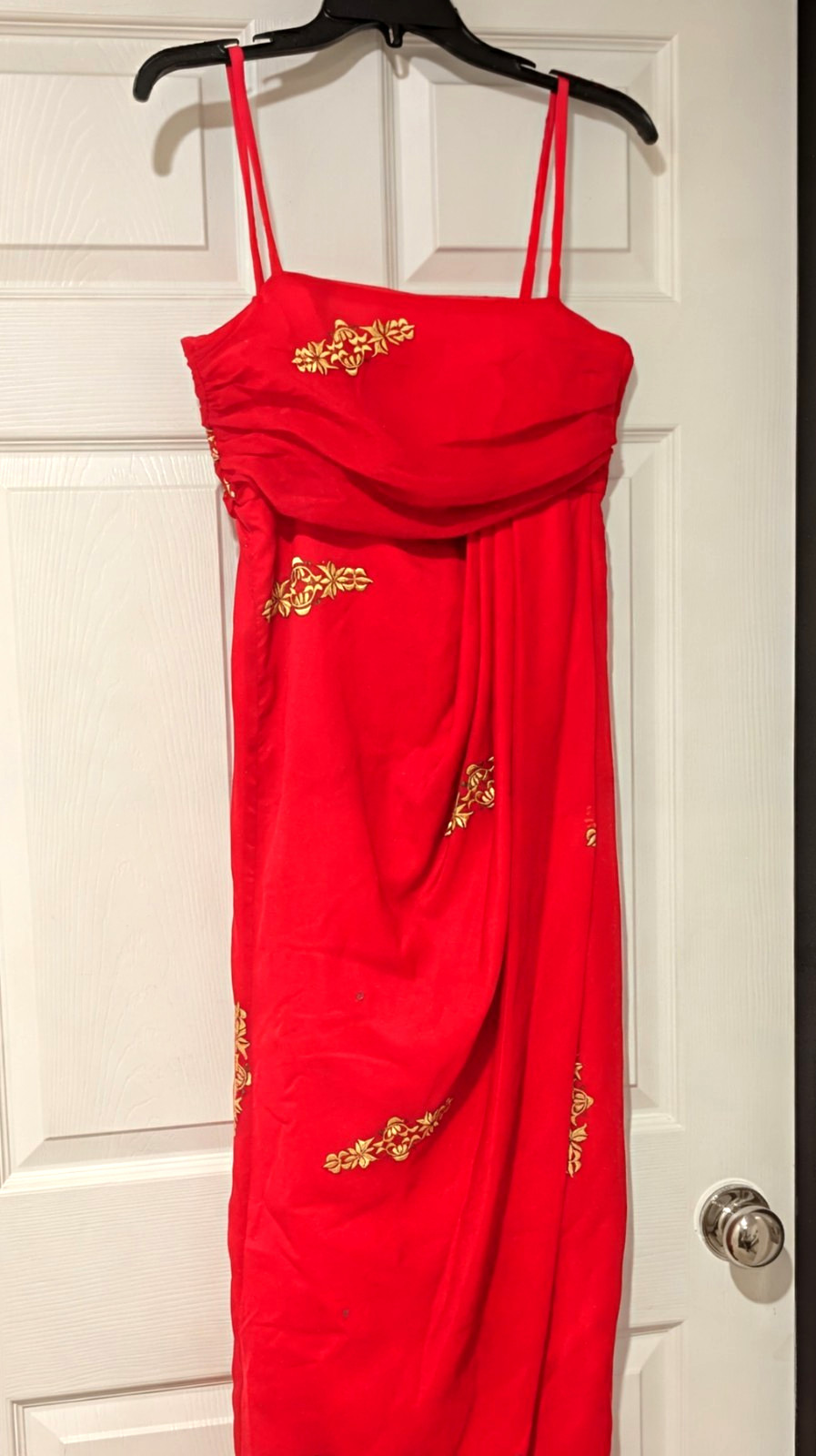 Red Gold Embroidered Maxi Dress Straight Neck Strappy Sleeveless Size S